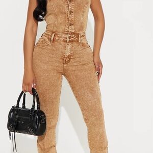 Fashion Nova Tan halter flare studded Jumpsuit size XS
